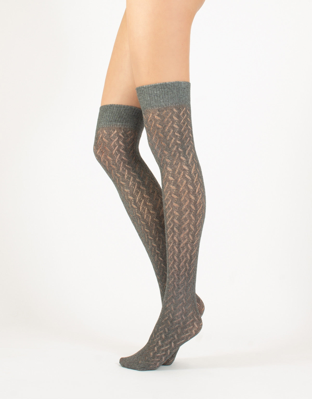 Calzitaly Chevron Over-Knee Socks - Grey knitted over the knee socks with an openwork cable style pattern, plain elasticated cuff and plain toe.