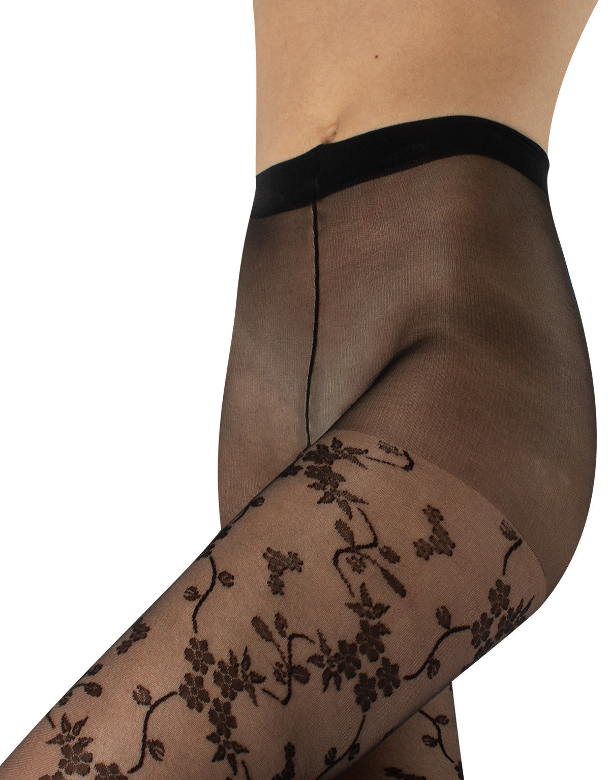 Calzitaly Floral Tights - Sheer black fashion tights with a woven floral lace style pattern, plain semi-opaque boxer brief, deep waistband, flat seams and cotton gusset.