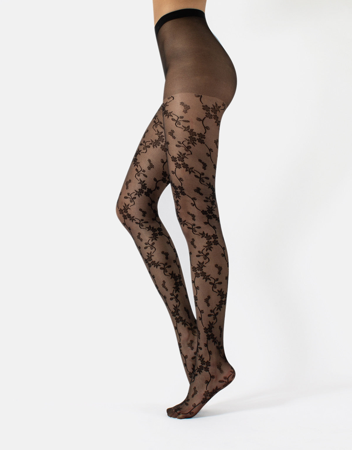Calzitaly Floral Tights - Sheer black fashion tights with a woven floral lace style pattern, plain semi-opaque boxer brief, deep waistband, flat seams and cotton gusset.