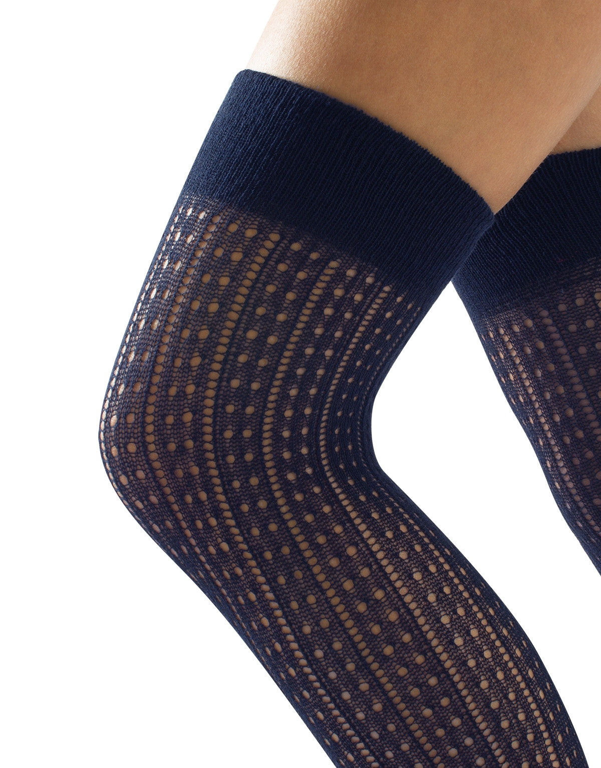 Calzitaly Geometric Over-Knee Socks - Knitted navy blue over the knee socks with an openwork spotted vertical rib style pattern, plain elasticated cuff and plain toe.