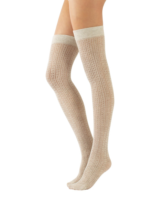 Calzitaly Geometric Over-Knee Socks - Knitted beige over the knee socks with an openwork spotted vertical rib style pattern, plain elasticated cuff and plain toe.