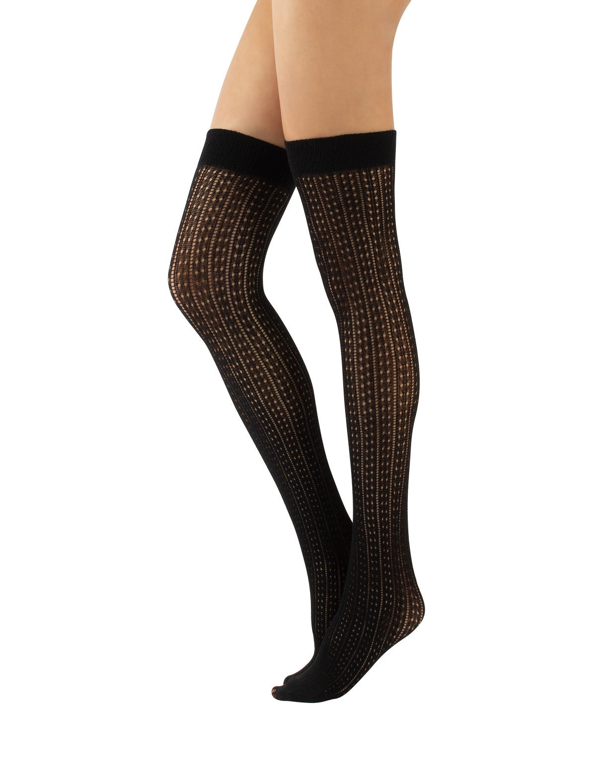 Calzitaly Geometric Over-Knee Socks - Knitted black over the knee socks with an openwork spotted vertical rib style pattern, plain elasticated cuff and plain toe.