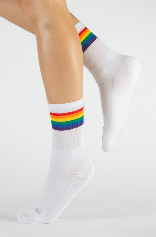 Calzitaly Rainbow Cotton Sock - White cotton ankle socks with a cushioned sole, ribbed rainbow sports style striped cuff, perfect for LGBTQ+ Gay Pride