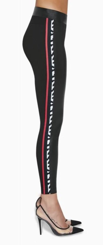 BasBlack Caroline Leggings - Black leggings in 2 fabrics, the front is faux leather and the back is in a plain stretch viscose fabric. They also features a side sports style stripe in red and black and white animal print.