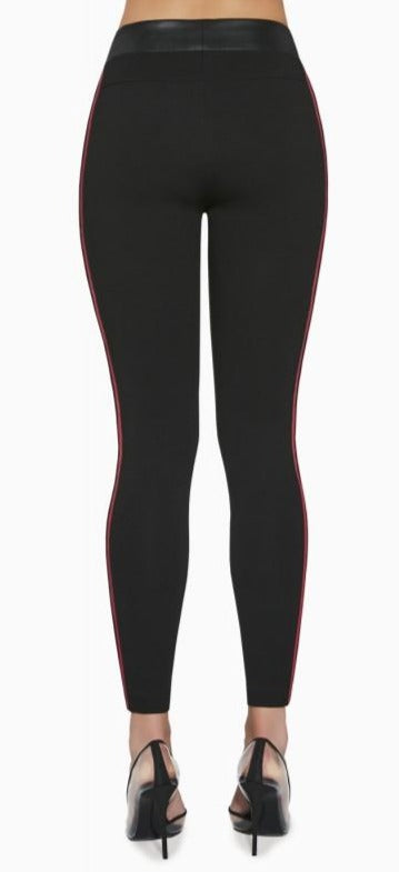 BasBlack Caroline Leggings - Black leggings in 2 fabrics, the front is faux leather and the back is in a plain stretch viscose fabric. They also features a side sports style stripe in red and black and white animal print.
