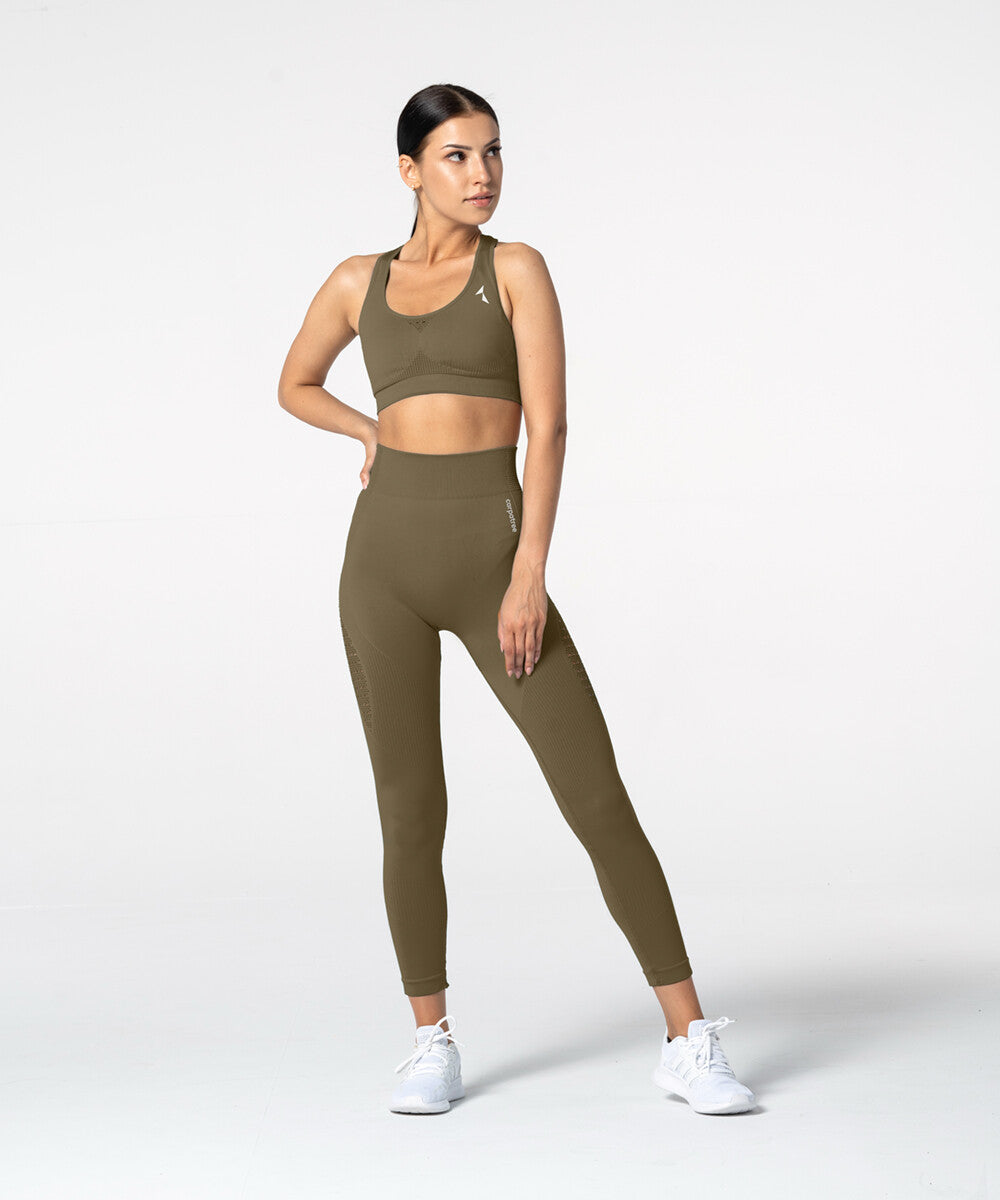 Carpatree Phase Seamless Leggings - Faded khaki green high waisted seamless leggings made of thick stretch fabric with ventilating mesh side panels.