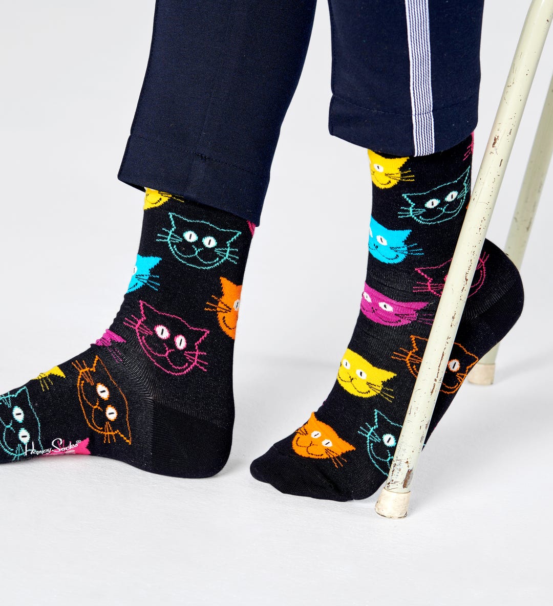 Happy Socks MJA01-9001 Cat Sock - black socks with multicoloured cats mens
