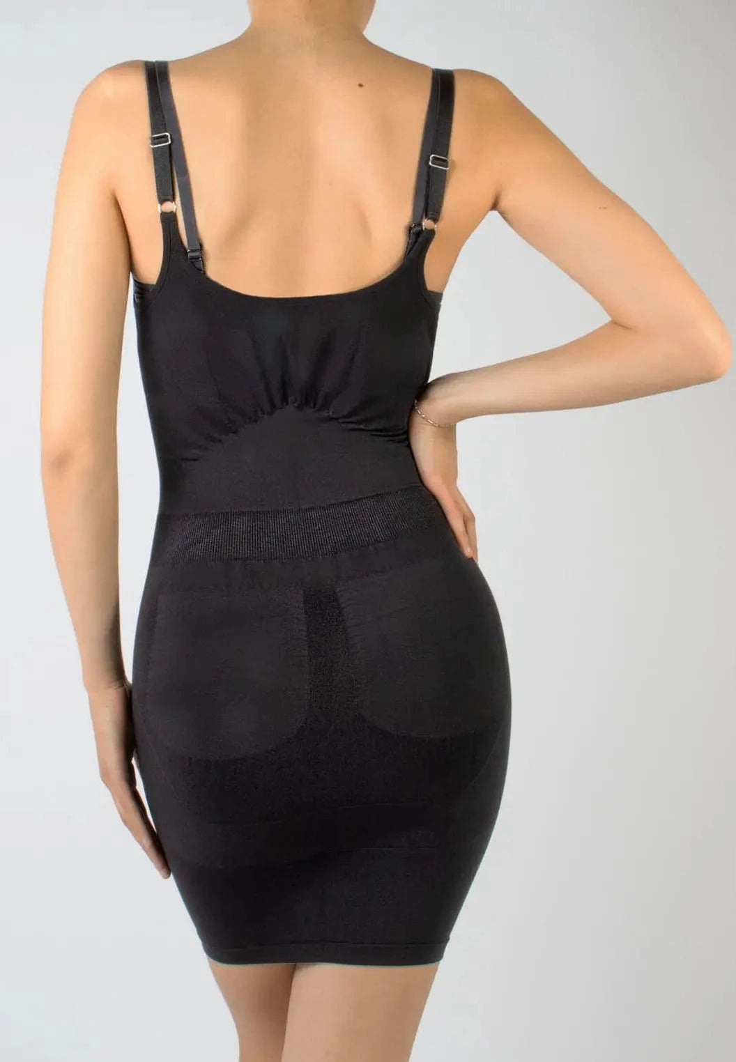 Cette Body Shape Dress - Black soft and invisible seamless 'all in one' frontless shaping slip dress with adjustable straps, scooped front and back, it helps to slim the tummy, shape the hips and pushes up the bum.