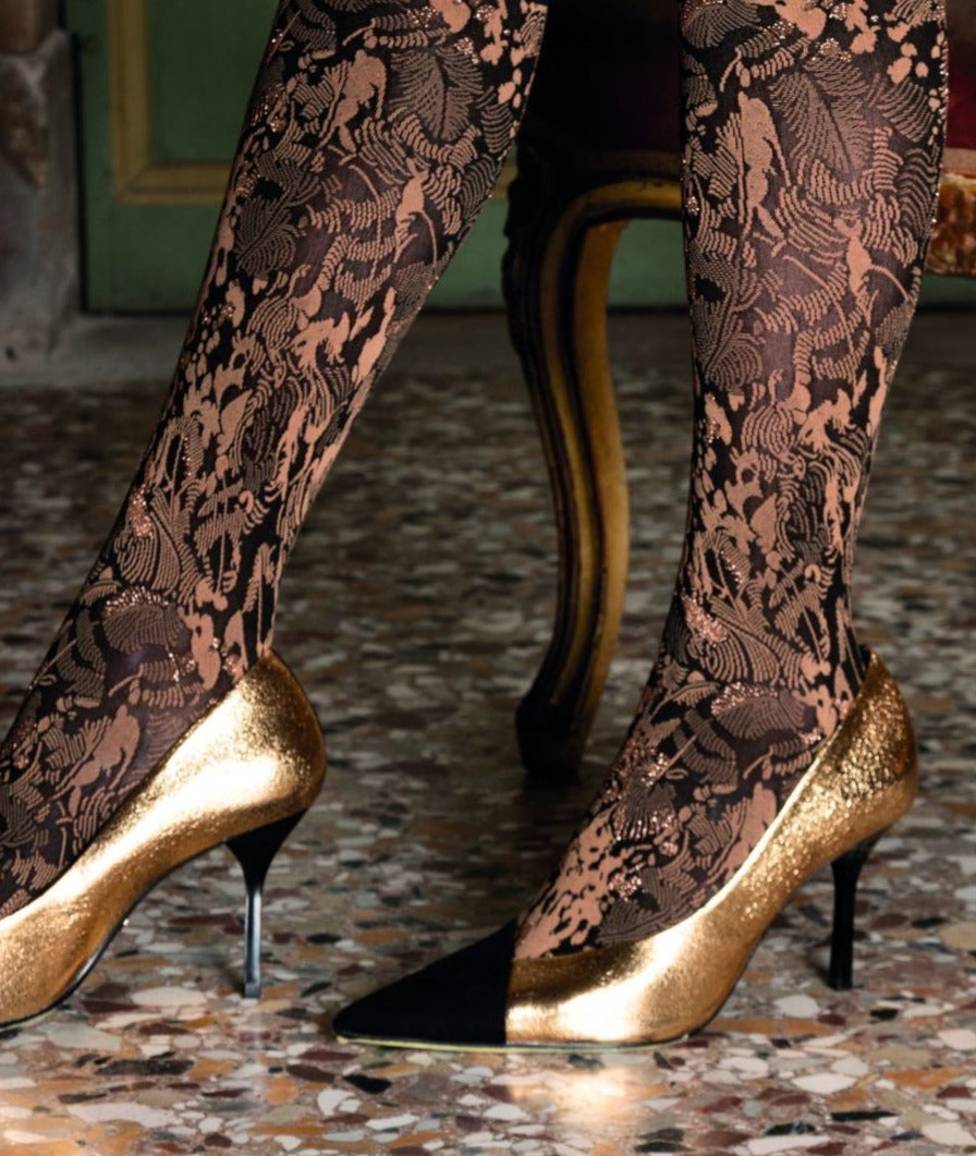 Trasparenze Chimera Collant - Soft black matte opaque fashion tights with a woven leaf style pattern in either beige/camel or white and sparkly lam̩ metallic bronze