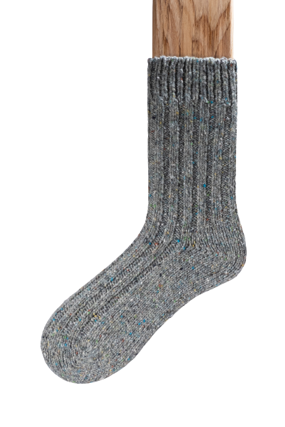 Connemara Flecks Sock - Grey chunky ribbed knitted wool mix ankle socks with plain sole and a colourful fleck throughout.