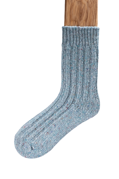 Connemara Flecks Sock - Pale blue chunky ribbed knitted wool mix ankle socks with plain sole and a colourful fleck throughout.