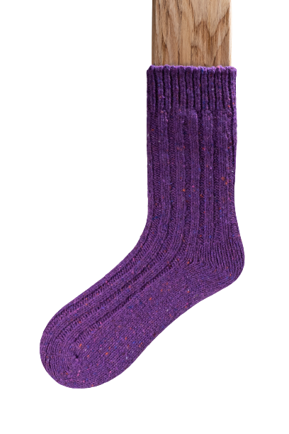 Connemara Flecks Sock - Purple chunky ribbed knitted wool mix ankle socks with plain sole and a colourful fleck throughout.