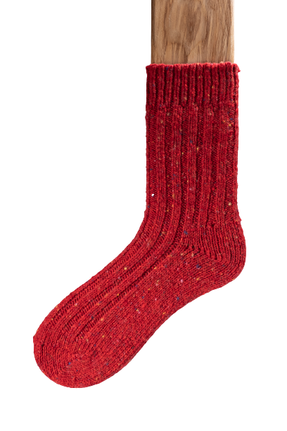 Connemara Flecks Sock - Red chunky ribbed knitted wool mix ankle socks with plain sole and a colourful fleck throughout.