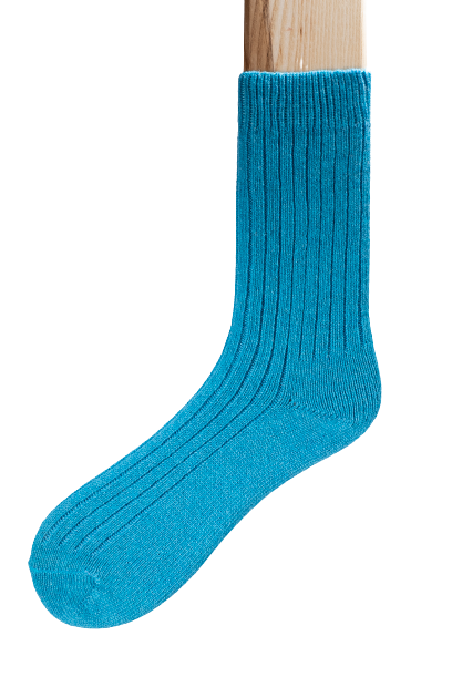 Connemara Merino Socks - Bright ocean blue ribbed knitted ankle socks with plain sole, made with a mix of warm merino wool.