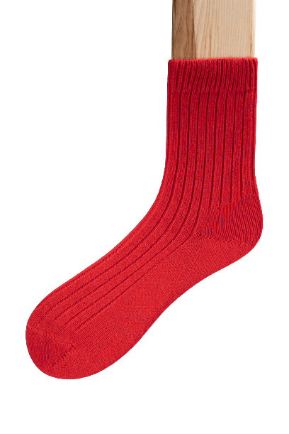 Connemara Merino Socks - Bright red ribbed knitted ankle socks with plain sole, made with a mix of warm merino wool.