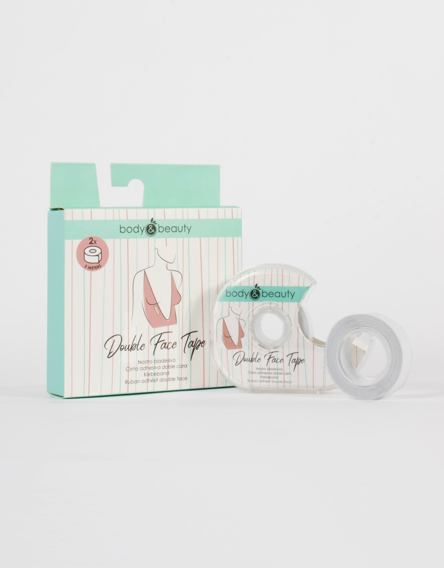 Body & Beauty Double Face Tape - Double sided sticky body tape made of soft fabric that is delicate but long lasting adhesive. It is perfect for securing clothes to the skin to help prevent your garment from moving out of place. It comes with two 5 meter rolls and a dispenser.