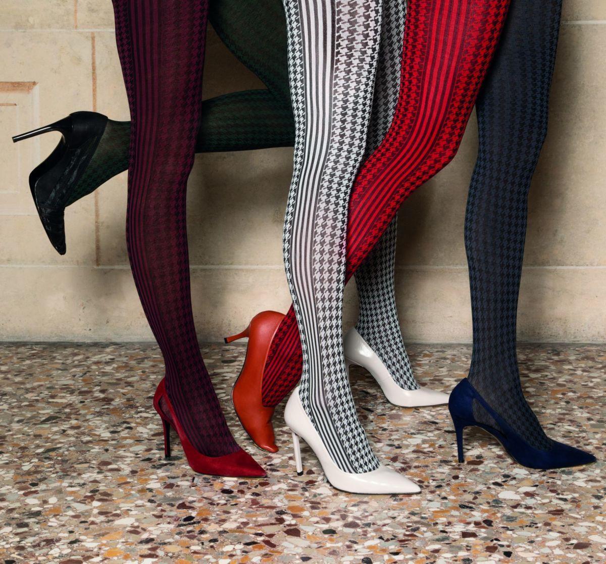 Soft matte opaque fashion tights with black woven houndstooth pattern and side stripes. Available in grey and white.