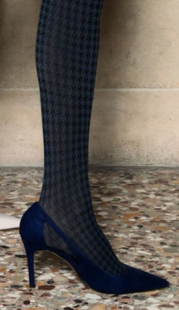 Soft matte opaque fashion tights with black woven houndstooth pattern and side stripes. Available in grey and white.