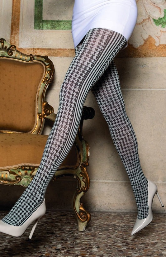 Trasparenze Drago Collant - Soft matte opaque fashion tights with black woven houndstooth pattern and side stripes. Available in grey and white.