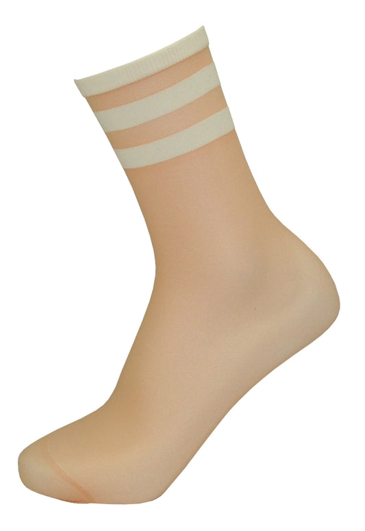 Emilio Cavallini Stripe Sock - Sheer salmon peach fashion ankle socks with 3 white sports stripe style cuff.