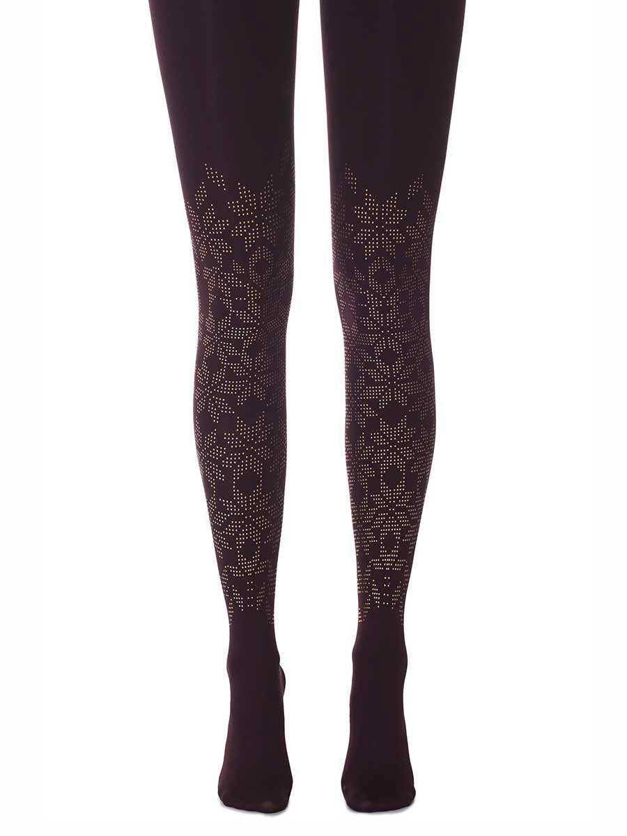 Zohara F541-PG Lace Flower Cream Tights - burgundy opaque tights with gold snowflake fairisle print