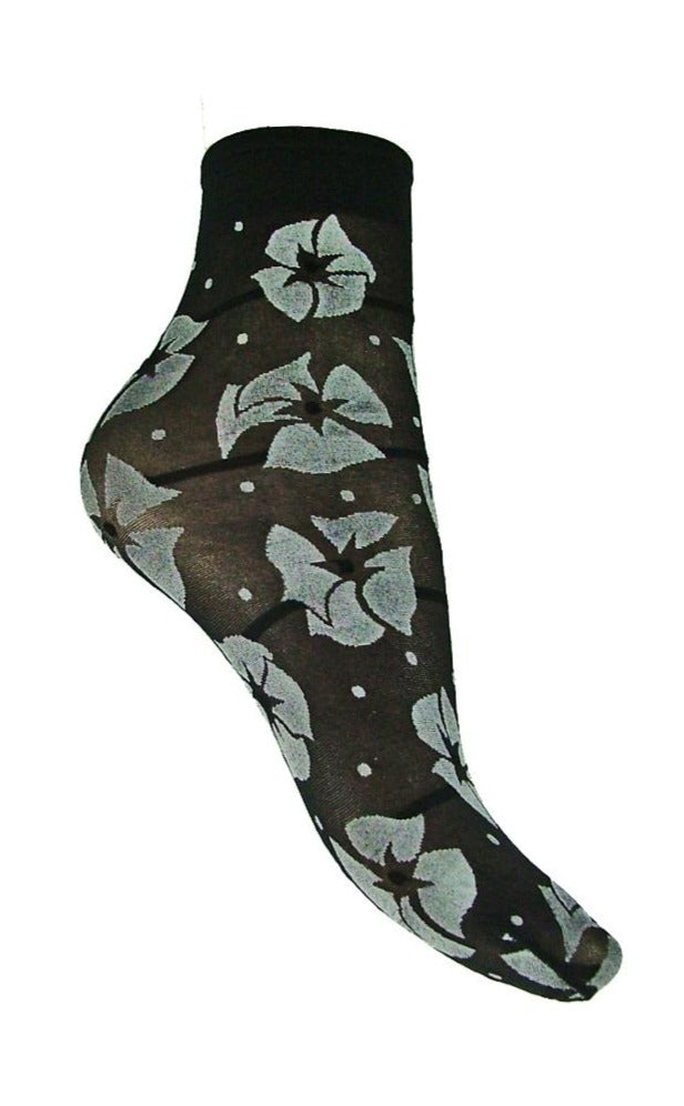 Omsa 3022 Fairy Calzino - Sheer fashion ankle sock with a white floral and spot pattern in black