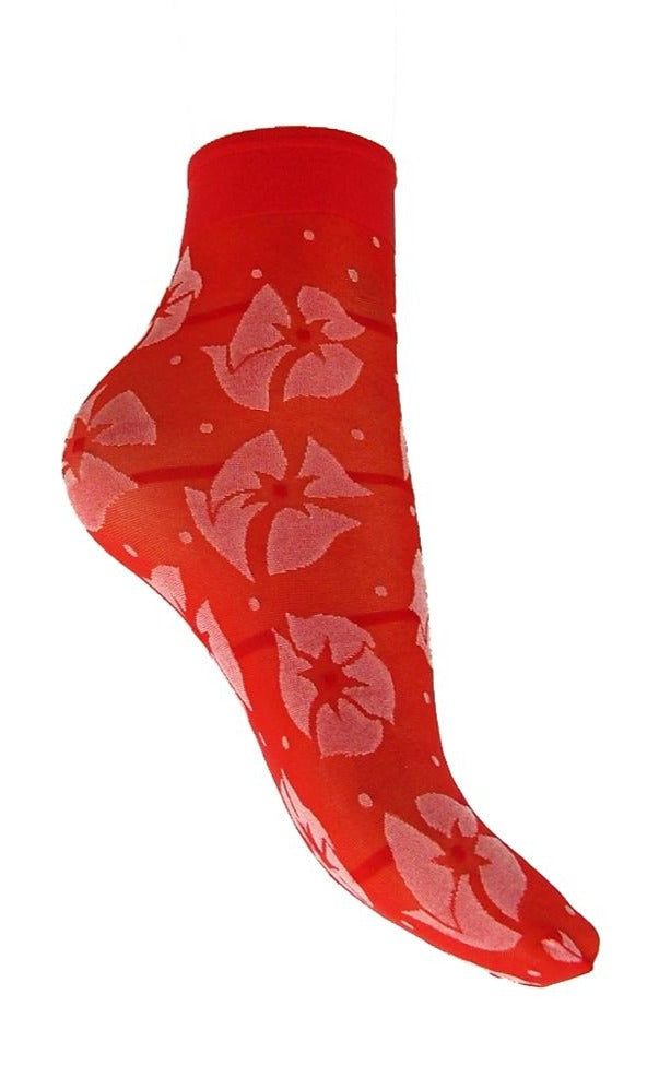 Omsa 3022 Fairy Calzino - Sheer fashion ankle sock with a white floral and spot pattern in red.