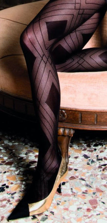 Trasparenze Fata Collant - black micro mesh fashion tights with a geometric diamond style pattern, flat seams, hygienic gusset and deep comfort waist band.