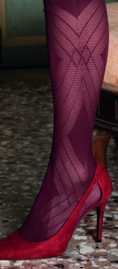 Trasparenze Fata Collant - wine micro mesh fashion tights with a geometric diamond style pattern, flat seams, hygienic gusset and deep comfort waist band.