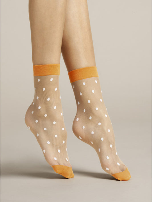 Fiore Papavero Sock - Sheer nude fashion ankle socks with woven white spot pattern and orange cuff and toe.
