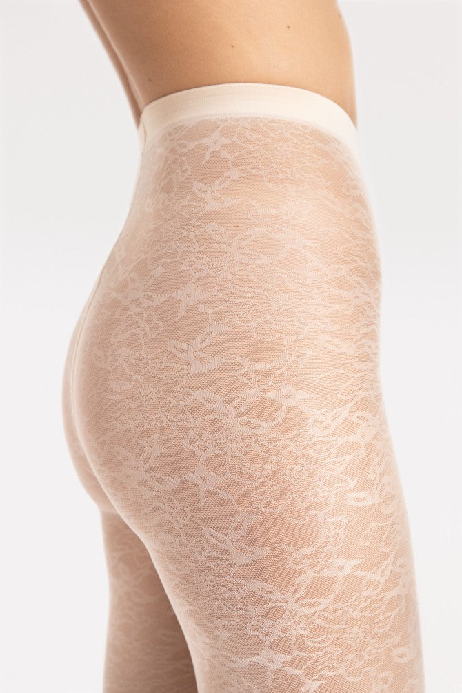 Fiore Ariel Tights - Sheer cream micro mesh fashion tights with an all over woven floral lace style pattern.