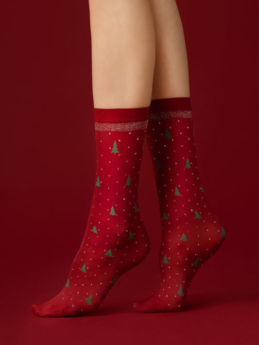 Fiore Carol Sock - Red opaque Christmas sparkly fashion ankle socks with a woven green Xmas tree and silver spot pattern and silver stripe cuff.