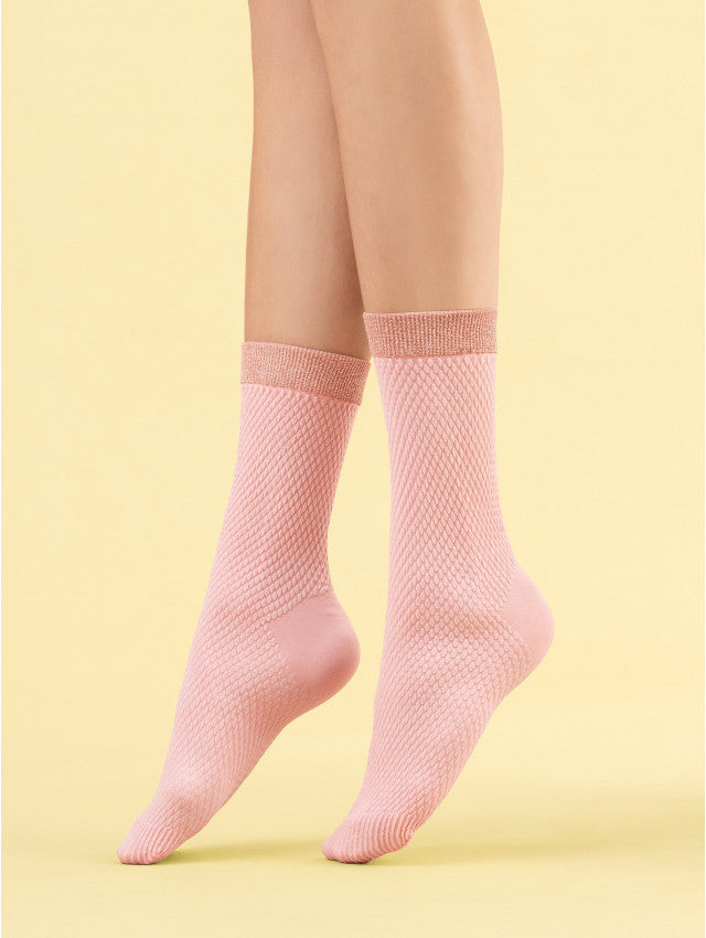 Fiore Cornetto Sock - Opaque pale pink fashion ankle socks with a honeycomb textured pattern, plain heal, striped toe and rose gold lurex cuff.