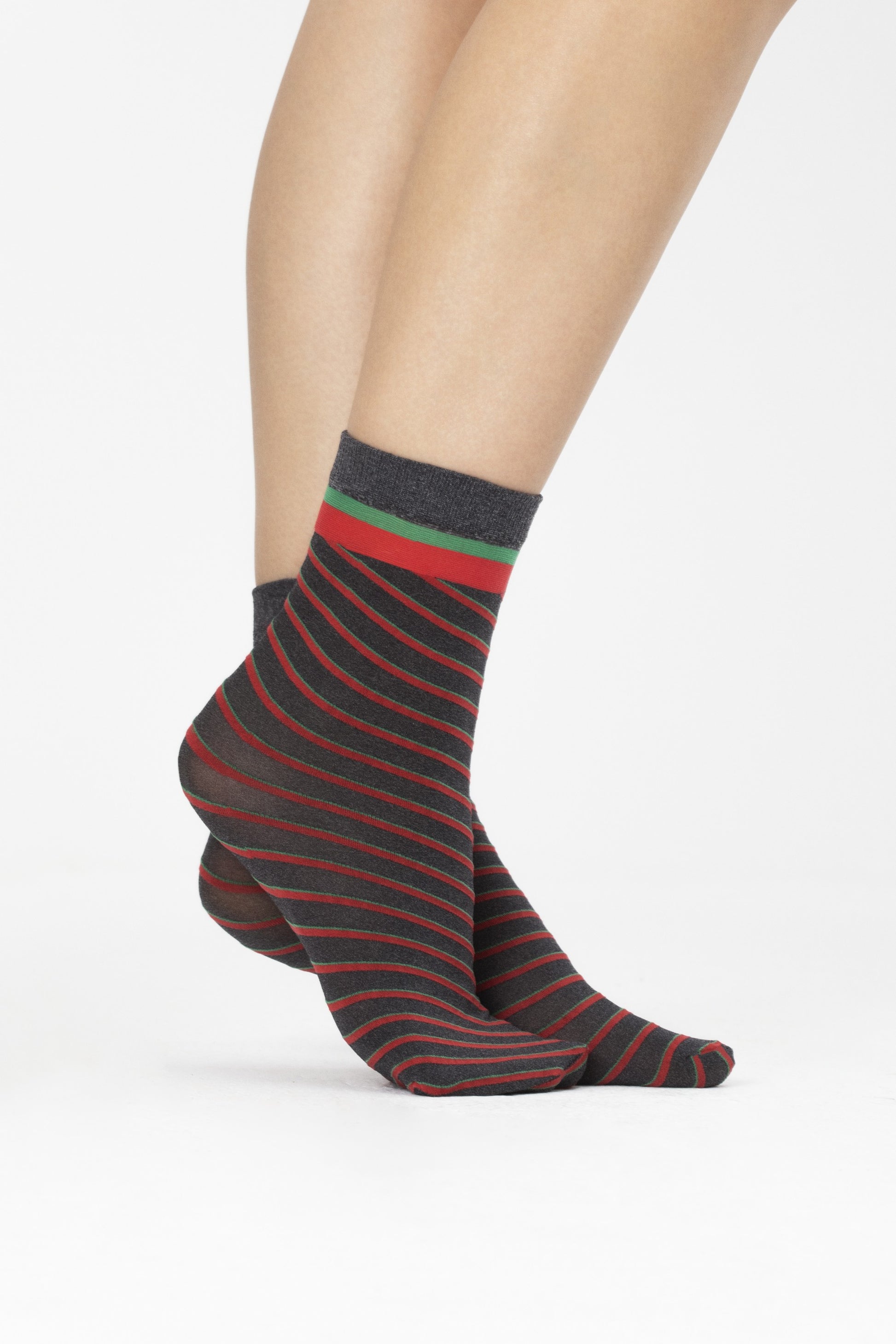 Fiore Elf Fun Sock - Dark grey opaque Christmas fashion ankle socks with a woven red and green diagonal stripe and green and red stripe cuff.