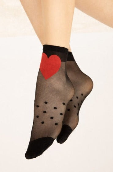 Fiore Fairy Tale Socks - Sheer black fashion ankle socks with a polka dot band around the foot, red heart motif on the front and an opaque toe.