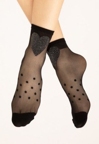 Fiore Fairy Tale Socks - Sheer black fashion ankle socks with a polka dot band around the foot, silver heart motif on the front and an opaque toe.