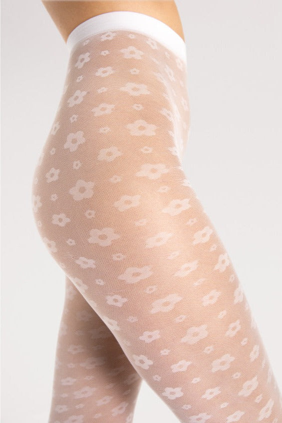 Fiore Footloose Tights - Sheer white micro mesh fashion tights with an all over woven small daisy style flower pattern.