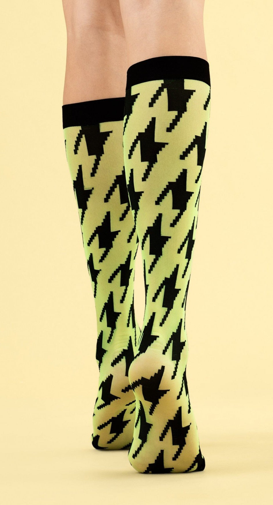 Fiore Grand Prix Knee-highs - Neon green and black sheer fashion knee-high socks with a large black woven houndstooth pattern and deep comfort.