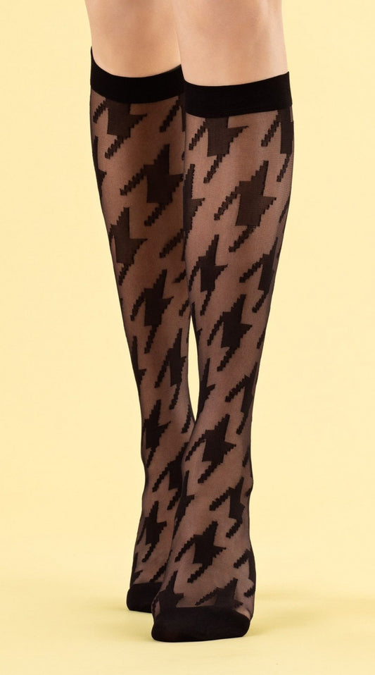 Fiore Grand Prix Knee-highs - Black sheer fashion knee-high socks with a large black woven houndstooth pattern and deep comfort.