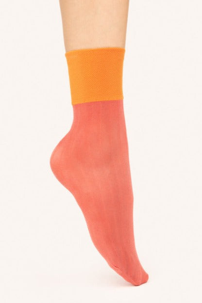 Fiore Granny Chic Sock - Light ribbed coral fashion ankle socks with a deep elasticated orange cuff.