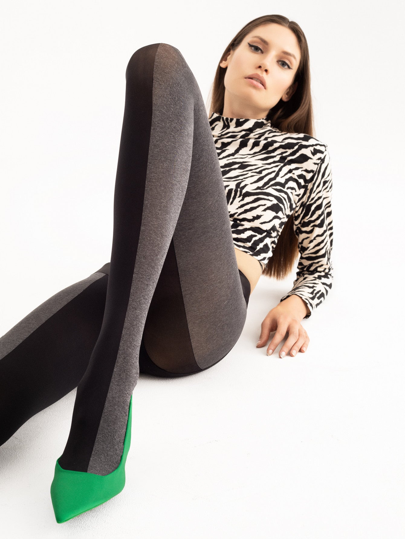 Fiore Lab Noir Tights - Opaque fashion tights with two toned legs, the inside leg is black and the outside is a flecky grey.