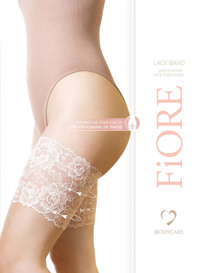 Fiore Lace Band - Nude floral lace anti-chafing thigh bands made of strong, stretchy yarns. The perfect accessory to avoid thigh rubbing (chub rub), allowing you to wear dresses and skirts during summer days and evenings. Made of plain smooth light satin fabric, these anti-chafing thigh bands have double inner silicone stripes (top and bottom) to help keep them in place.