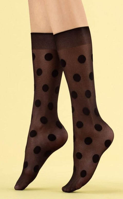 Fiore Playful Knee-highs - Sheer black fashion knee-high socks with woven polka dot pattern and deep comfort.