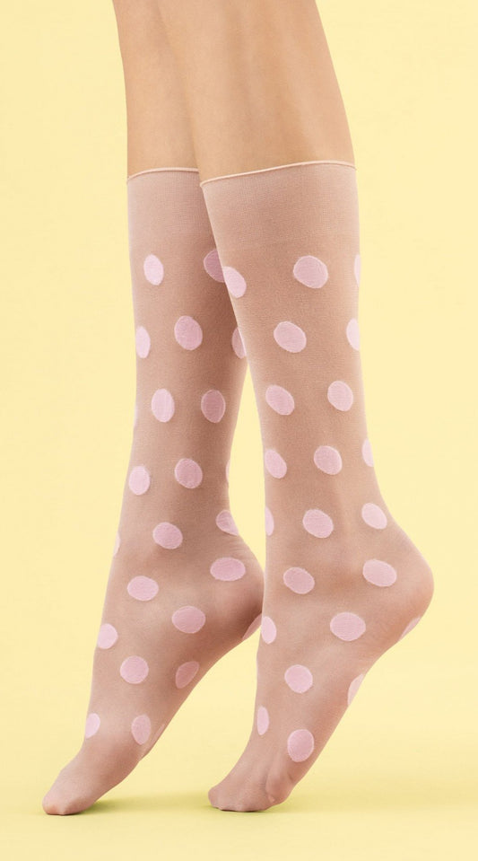 Fiore Playful Knee-highs - Sheer nude fashion knee-high socks with woven light pink polka dot pattern and deep comfort.