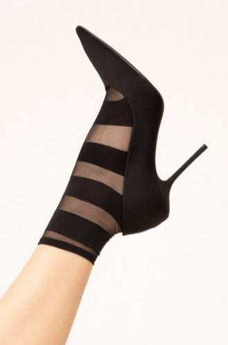 Fiore Simple Story Sock - Sheer black fashion ankle socks with an opaque horizontal stripe pattern.