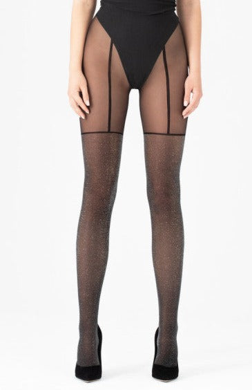 Fiore Stardust Tights - Semi sheer black fashion tights with a sparkly silver lam̩ over the knee stocking effect with simple black lines that resemble suspender belt straps.