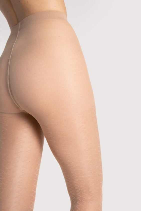 Fiore Step Up Tights - Sheer nude fashion tights with vertical zig-zag striped pattern, sheer body and invisible toe.