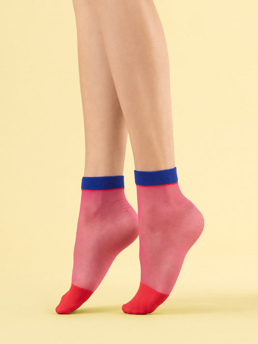 Fiore Sunset Glow - Sheer nude fashion ankle socks with yellow cuff and toe and white band stripe around the foot.