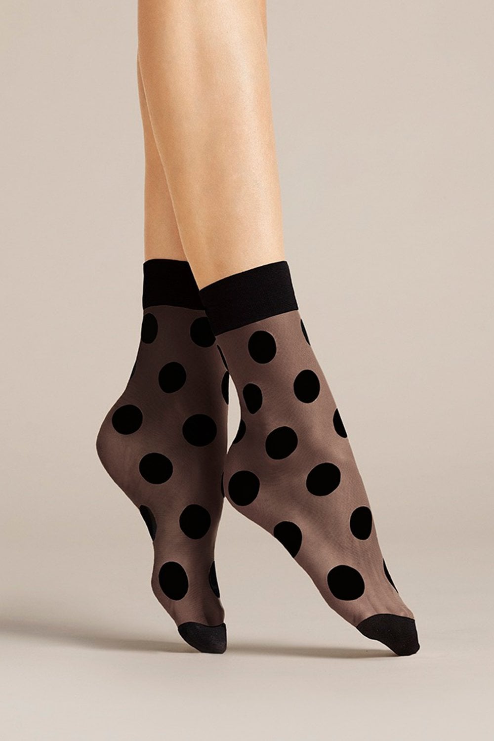 Fiore G 1080 Virginia Sock - Sheer black fashion ankle socks with a woven opaque polka dot pattern, plain deep cuff and opaque toe.