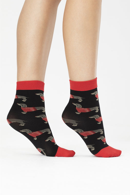 Fiore Xmas Pal Sock - Black opaque Christmas fashion ankle socks with a woven dachshund wearing a Xmas jumper pattern and plain red cuff.